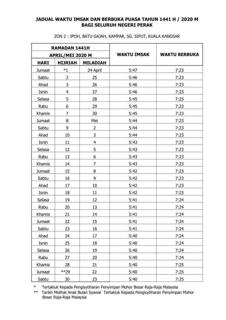 Perak Jadual Waktu Berbuka Puasa dan Imsak 2020 1441H ...