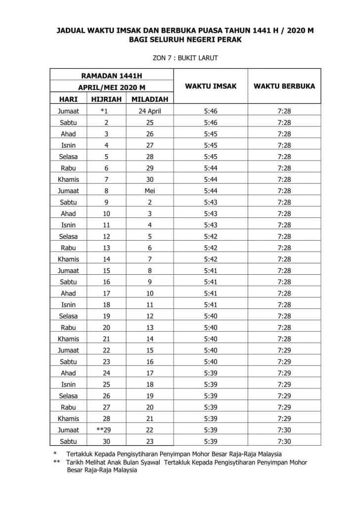 Perak Jadual Waktu Berbuka Puasa dan Imsak 2020 1441H ...