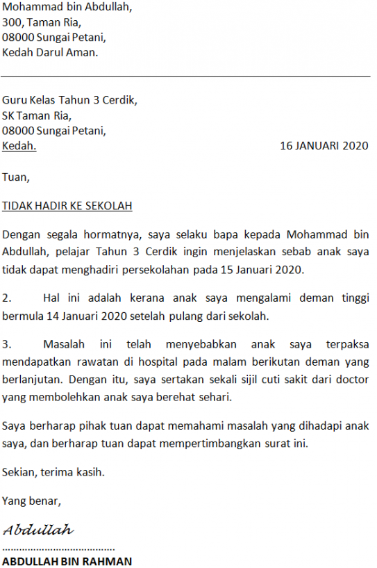 Surat Kiriman Tidak Rasmi 3 Perenggan