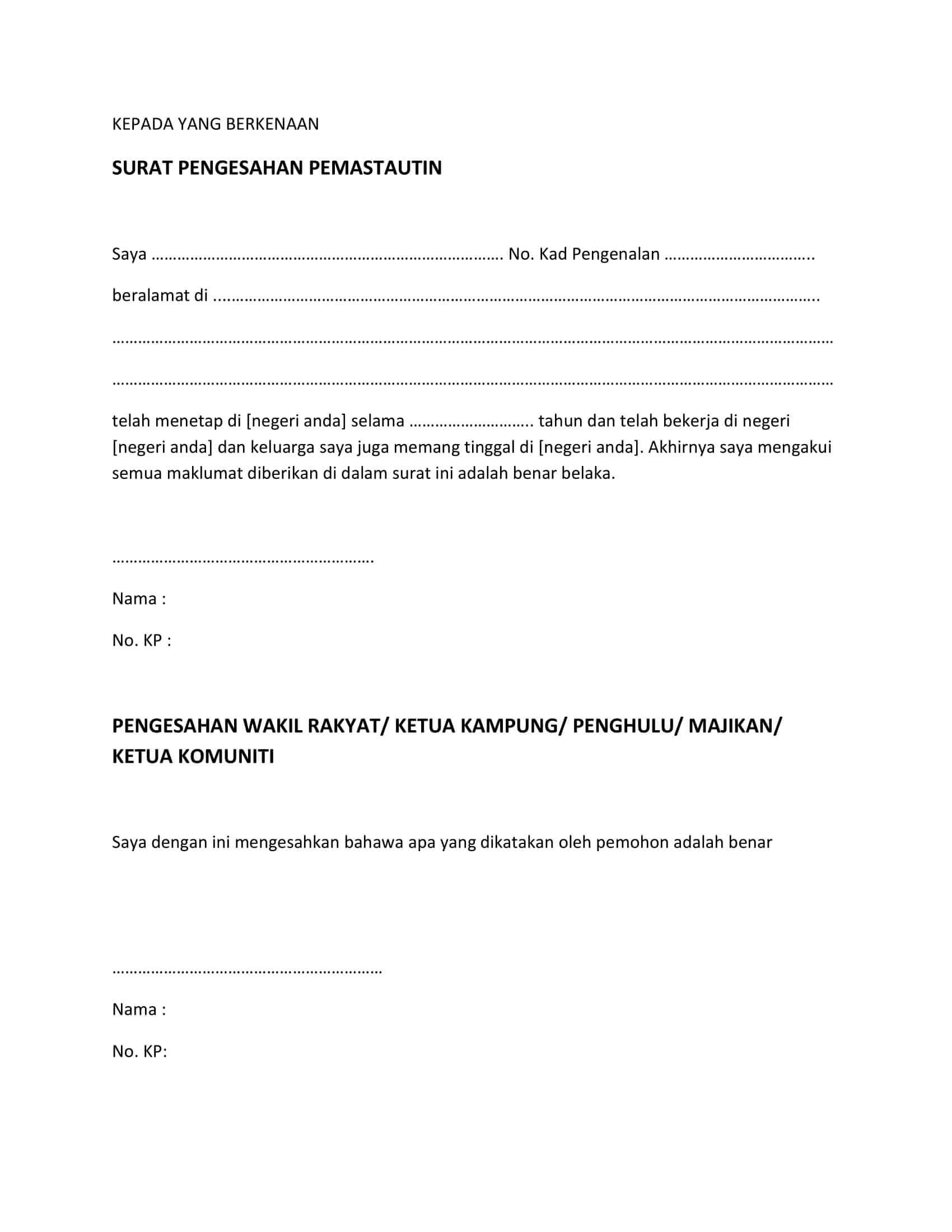 Contoh Surat Pengesahan Mastautin Negeri Johor