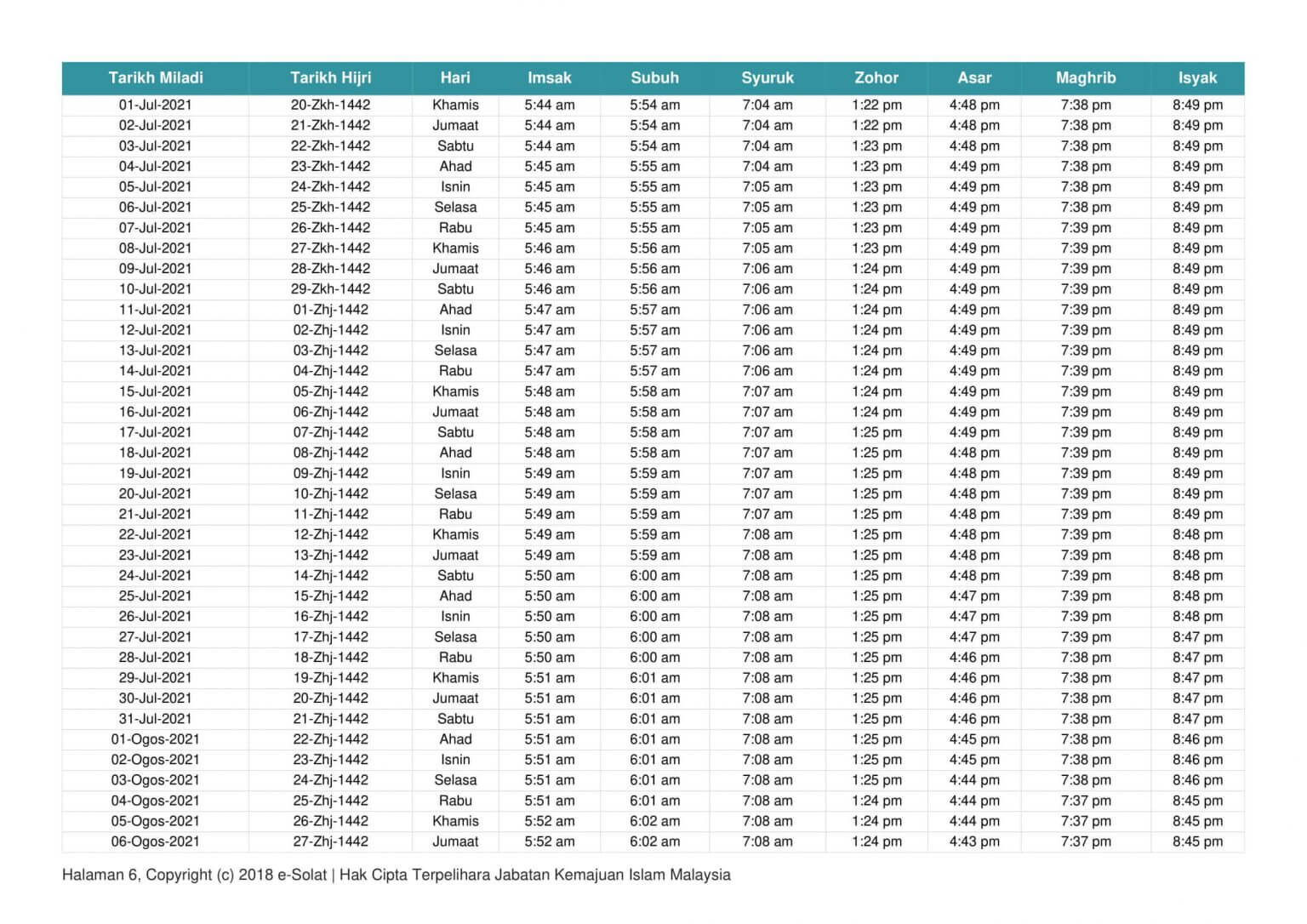 jadual waktu solat taiping