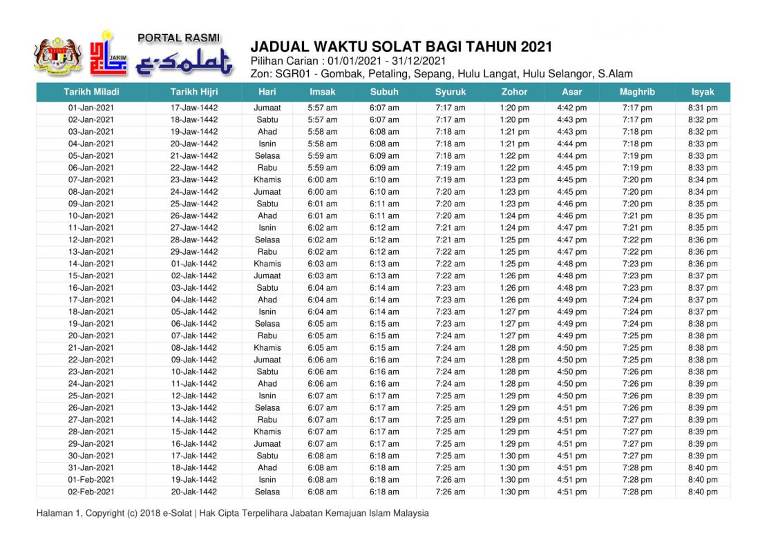 Waktu Solat Selangor 2021 Tahunan 1442h 1443h Jakim Tahun 2021