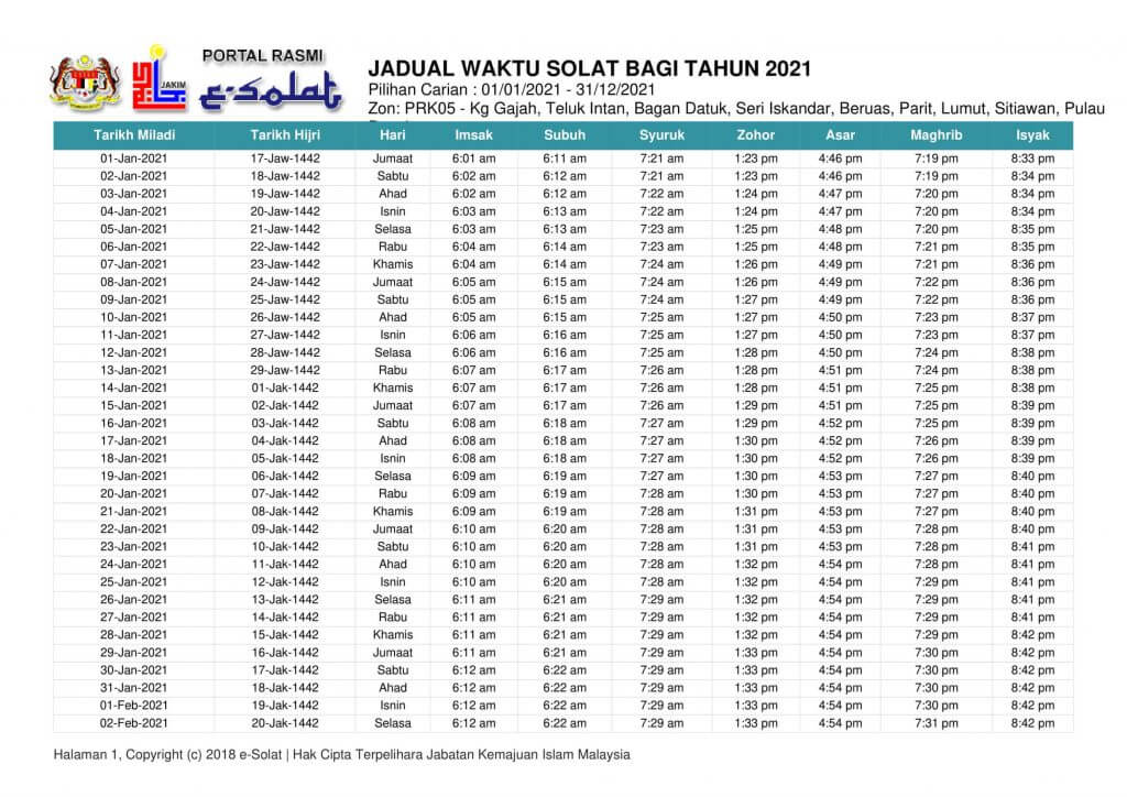 Waktu Solat Perak 2021 1442h 1443h Jakim Tahunan Tahun 2021