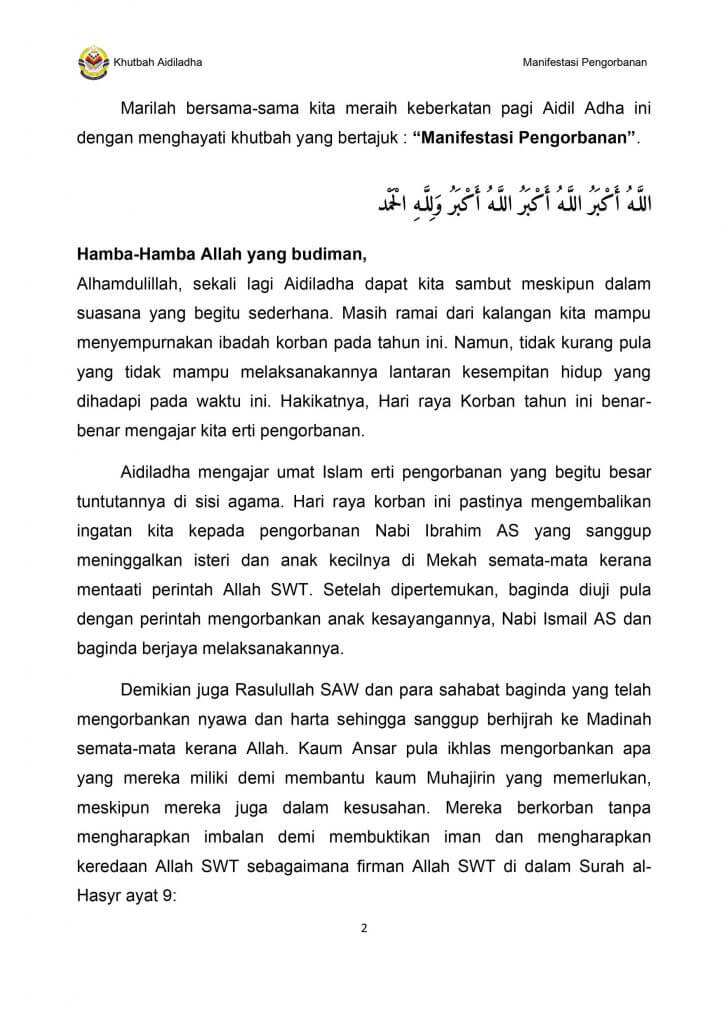 Teks Khutbah Hari Raya Haji Aidiladha 2021 Di Rumah
