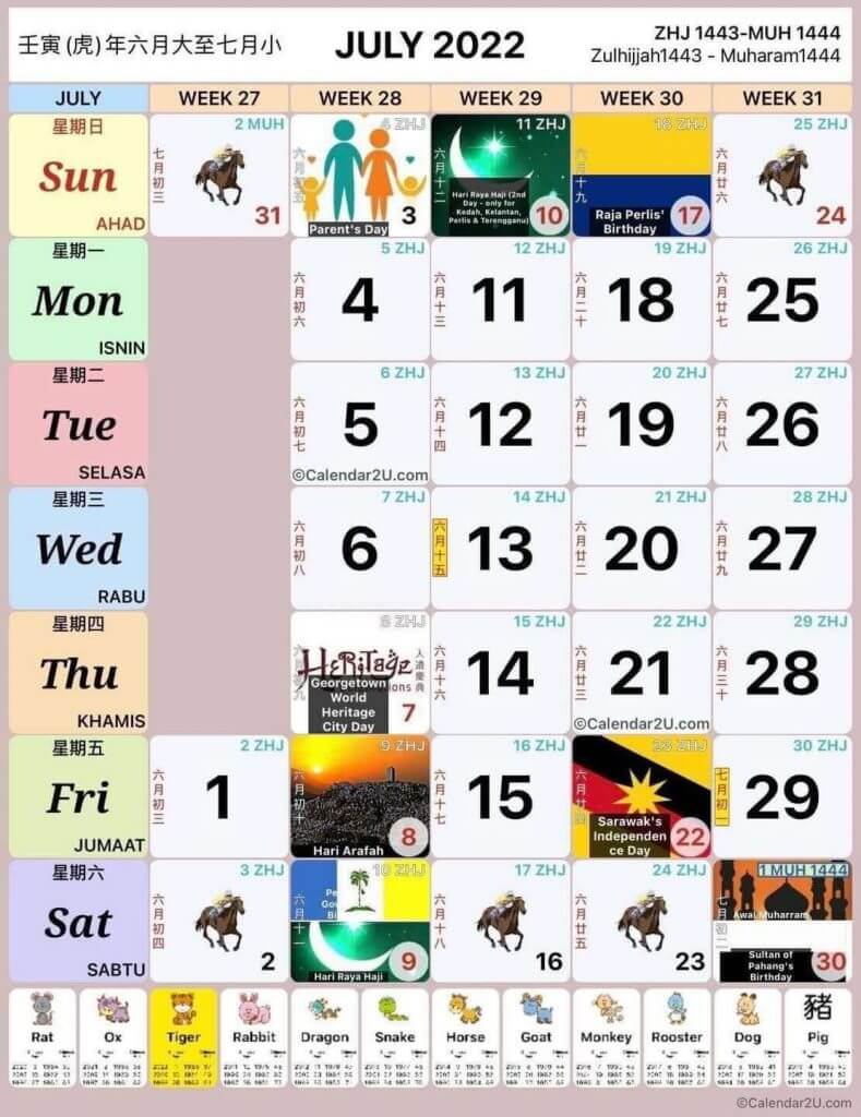 kalendar julai 2022