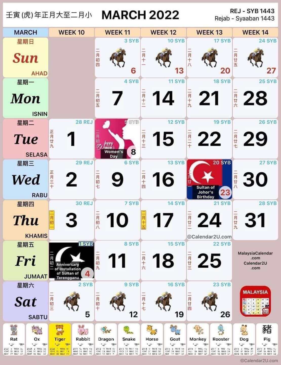 Kuda 2022 kalendar march Kalendar 2022