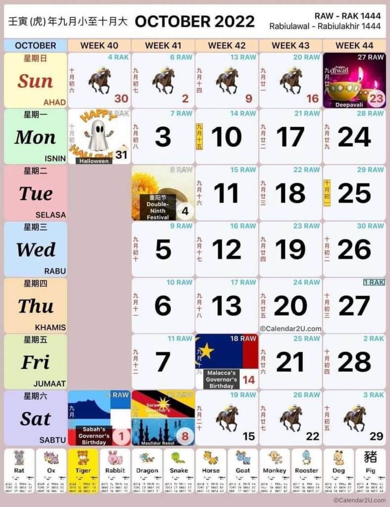 kalendar oktober 2022