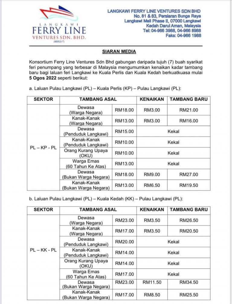 Senarai Harga Tiket Feri Langkawi Terbaru Terkini 2024